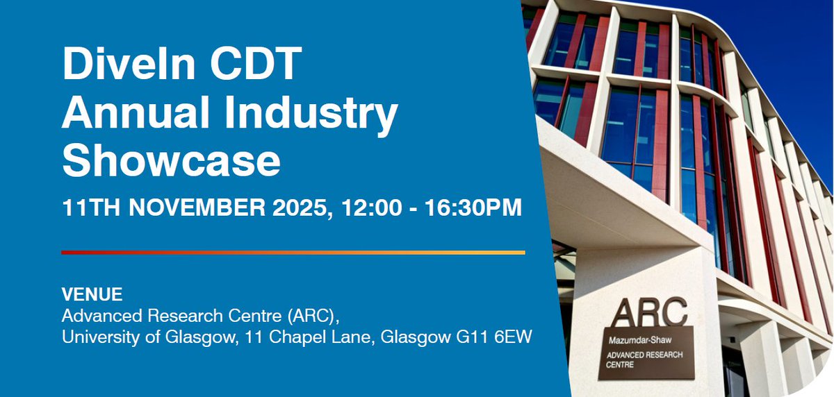 DiveIn CDT (@divein_cdt) on Twitter photo 📣Join our Annual Industry Showcase – a dynamic event where innovation meets collaboration🤝  
🔷 Discover emerging project ideas from PGRs
🔷 Shape proposal development
🔷 Explore opportunities to engage & network 
📅 11 November
📍@uofgarc
👉Register: divein.org.uk/2025/10/16/a... 📣Join our Annual Industry Showcase – a dynamic event where innovation meets collaboration🤝  
🔷 Discover emerging project ideas from PGRs
🔷 Shape proposal development
🔷 Explore opportunities to engage & network 
📅 11 November
📍@uofgarc
👉Register: divein.org.uk/2025/10/16/a...