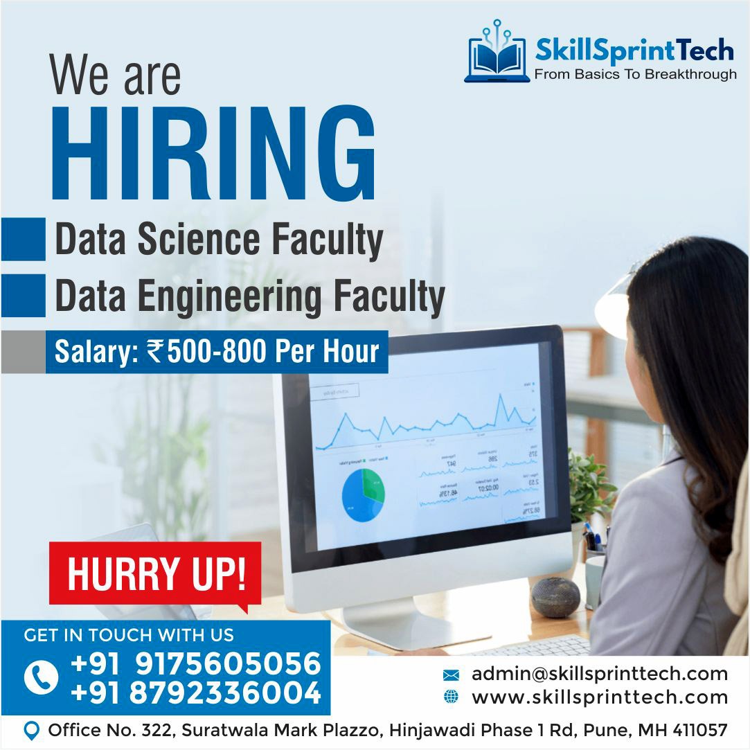 Skillsprinttech's tweet image. 🚀 We’re Hiring! Join our dynamic team as a Data Science or Data Engineering Faculty and inspire the next generation of tech innovators. Earn ₹500–800/hour. Apply now and shape future talent! 💻📊

#HiringNow #DataScienceJobs