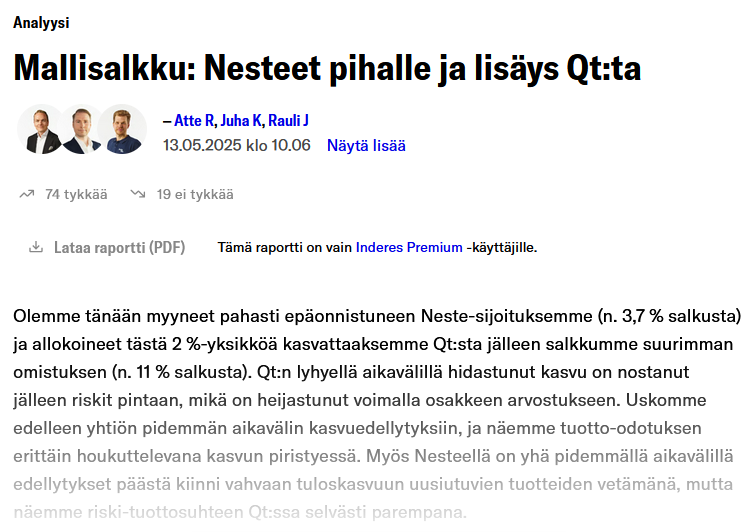 realPseudonyymi's tweet photo. Muistatteko kun Inderes möi viime keväällä mallisalkustaan Nesteet pois ja osti QT:tä tilalle? Tuosta hetkestä Neste +70 % ja QT -38 % #sijoittaminen #expertit #tietäminen https://t.co/YvuDgLe7vH