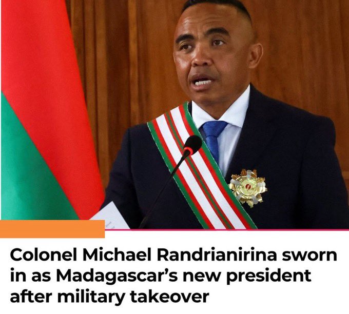 Umutavu Dash TV (@umutavudashtv) on Twitter photo Madagascar 🇲🇬 
Just in
Colonel Michael Randrianirina has been sworn in as the new president of Madagascar days after a military takeover.
He succeeds President Andry Rajoelina, who fled the country and was later impeached following weeks of youth-led protests. Madagascar 🇲🇬 
Just in
Colonel Michael Randrianirina has been sworn in as the new president of Madagascar days after a military takeover.
He succeeds President Andry Rajoelina, who fled the country and was later impeached following weeks of youth-led protests.