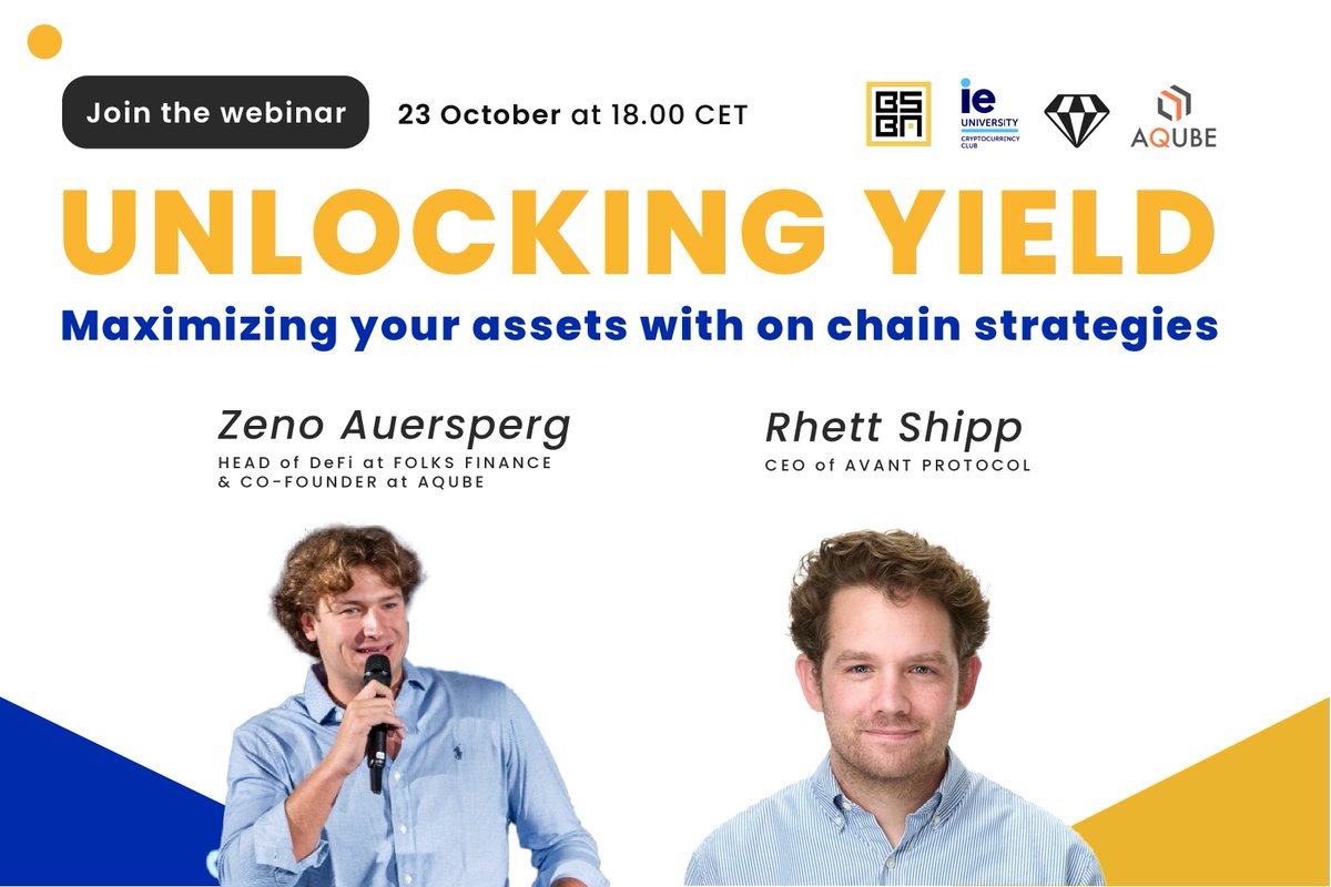 📅 Oct 23 | 6.00PM CET

Join us for “Unlocking Yield: Maximizing your assets with on-chain strategies”, the final event of our Oct series on digital assets!

Guests: Z. Auersperg (Folks Finance | AQube), R. Shipp (Avant Protocol)

🎙️ Form in bio!