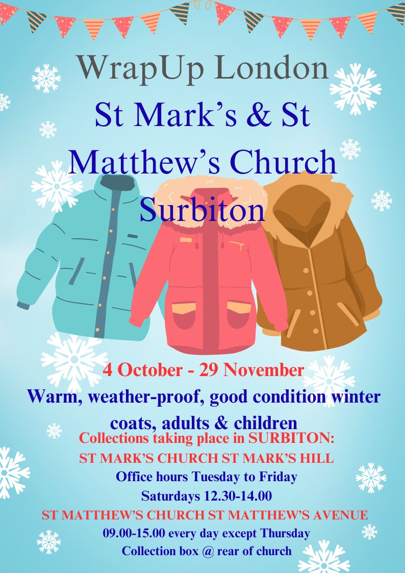 🩵🧥❄️We're collecting warm, weatherproof winter coats for adults and children at St Mark's Church #Surbiton.
We're joined by St Matthew's Church as well, so two places to drop off your good condition coats so others may use them in the winter months. Thank you! ❄️🧥🩵