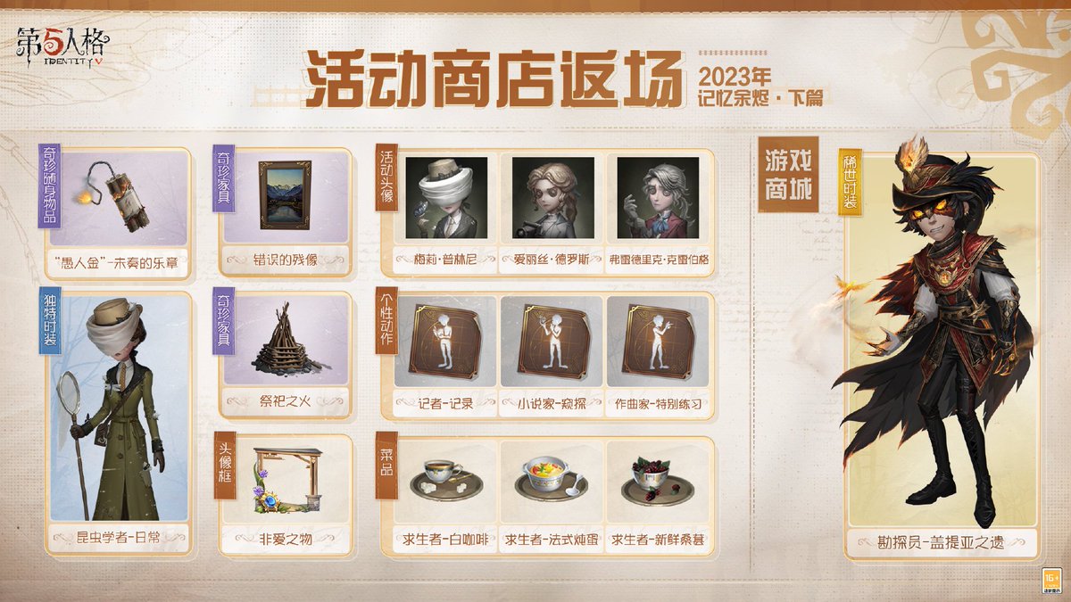 【メインストーリー新章「昨日の檻」】

✦ イベント報酬
・女王蜂真髄×20
・昆虫学者　UR衣装
・女王蜂　SSR携帯品
・その他

✦ 過去のイベント報酬復刻