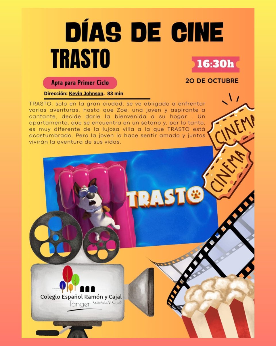 CEramonycajal's tweet image. TARDES DE CINE
El próximo lunes 20 de octubre a las 16:30 podréis disfrutar de Trasto, una película para el Primer ciclo.

@ConsejeriaEduc1 @AccEducativaExt @ampatangerRyC #tardesdecine #megustamicole