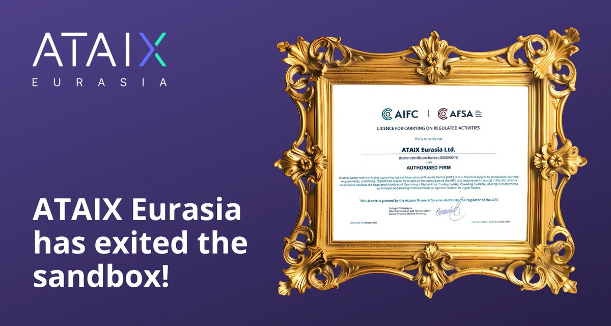 🔥 ATAIX Eurasia officially exits the sandbox!
We’ve obtained a permanent AFSA license #AFSA-A-LA-2025-0022, authorizing:
🔹 Digital asset trading
🔹 Custodial services
🔹 Dealing on our own &amp; clients’ behalf
A new level of trust &amp; global compliance under <a href="/AIFC_KZ/">AIFC</a>  regulation. 🚀