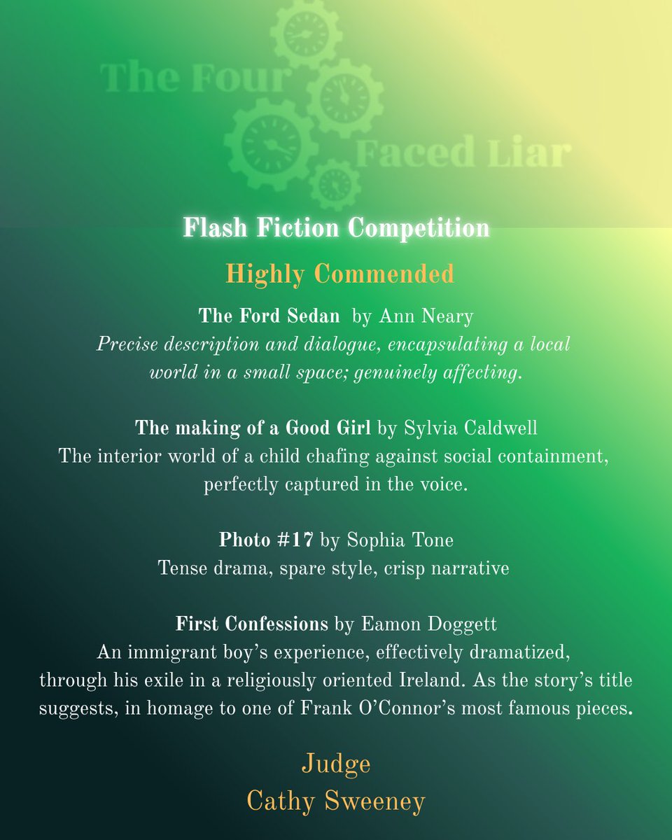 the4facedliar's tweet image. Insights from judge Cathy Sweeney on the winning & highly commended pieces forthcoming in Issue 4 @writing_ie @PENIreland @IrishWritersCtr