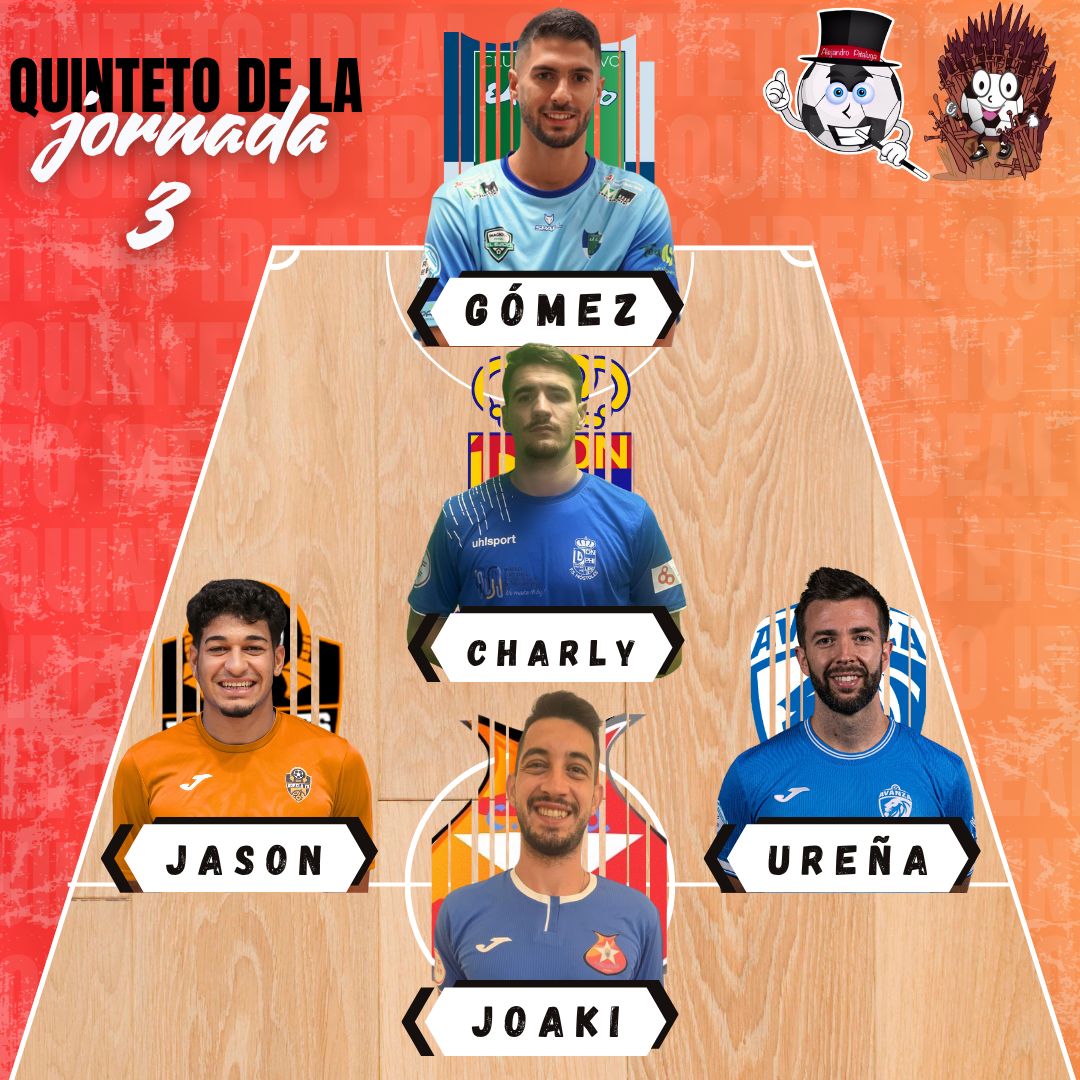 ⭐ QUINTETO J3 ⭐

🧤 <a href="/gomez_yerpes/">Jesus Gomez Yerpes</a> de <a href="/CDElEjidoFutsal/">CD EL EJIDO FUTSAL</a>
🛡️ <a href="/CarlosArtero/">Charly Artero</a> de <a href="/1mostolesfs/">MRB-FS Móstoles</a>
🪽 #Jason de <a href="/burelafs/">CD Burela FS</a>
🪽 <a href="/Miguel8Urena/">Miguel Ángel Ureña</a> de <a href="/AvanzaJaen/">Avanza Jaén Paraíso Interior FS</a>
🎯 <a href="/joaki9mallorca/">Joaquin Gutierrez</a> de <a href="/Melistar_FS/">MELISTAR FS - Melilla Ciudad del Deporte</a> 

<a href="/alepitaluga_/">Alejandro Pitaluga</a> 

#TiempoMuerto
#2Div