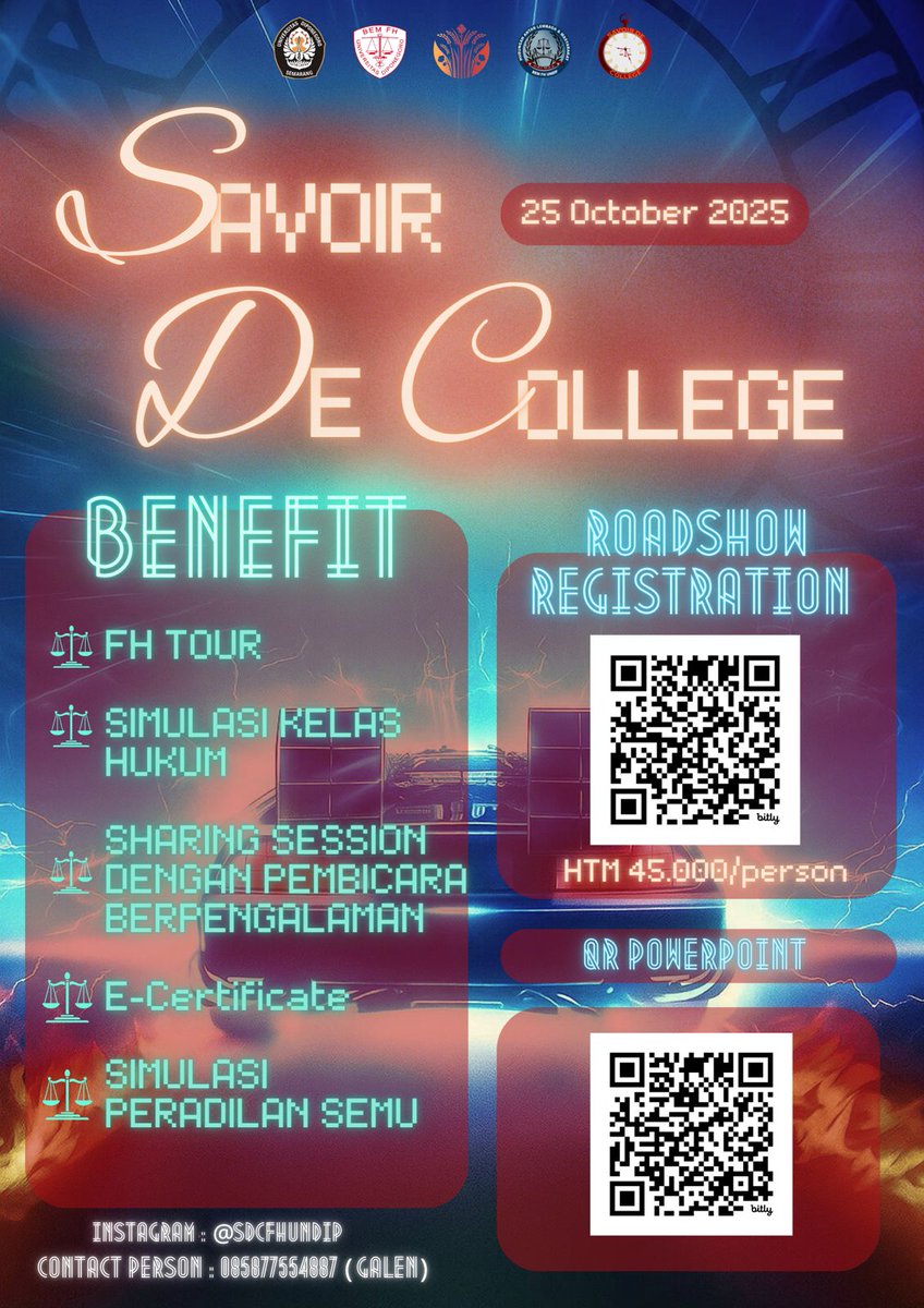 sbmptnfess's tweet image. Kamu tertarik untuk masuk Fakultas Hukum Undip? Savoir De College 2025 hadir untuk kasih kamu experience sehari jadi mahasiswa fh undip dengan dapetin Try-out, simulasi kelas hukum, dan lainnya! 

🎟️ : sdcfhundip2025.taplink.id

Follow us on ig @sdcfhundip for more info!