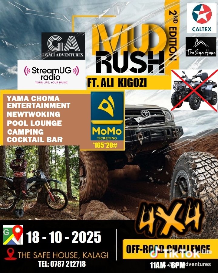 galiadventures's tweet photo. Get ready for MUD. MUSIC. MADNESS. π¦π₯ The MUD RUSH is back β bigger, louder, and more adventurous than ever! EARLY BIRD π¦ 20,000UGX only Note: NO QUAD BIKES
Grab your ticket β https://t.co/SfwXUuO9Tc
#MudRush2025 #MudRushTV #OffRoadUganda #KalagiVibes #4x4Challenge #MudLife https://t.co/YsbfpTQqXq