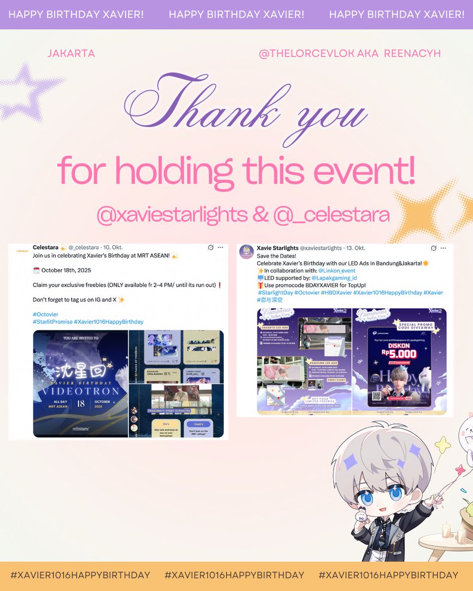 ruoxicyh's tweet photo. Special Thank you to @xaviestarlights &amp; @_celestara for holding these events🙇‍♀️!!

#戀與深空 #沈星回 #LoveandDeepspace 
#セイヤ誕生祭2025 #Octovier #Xavier1016HappyBirthday #Starlightday #Starlitpromise https://t.co/vAgfFOHXHq