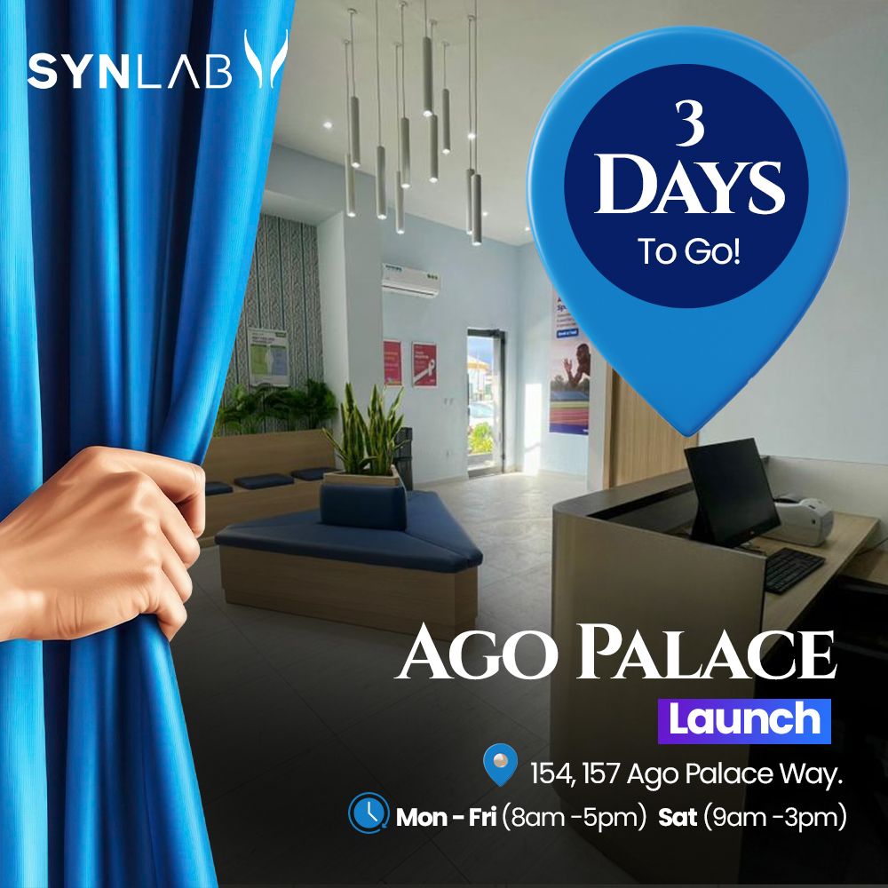 We’re excited to announce that in 3 days, SYNLAB Ago Palace will officially open its doors.
Same trusted standard. New convenient location.

Your health is our priority.

📍 154, 157 Ago Palace Way
🕘 Mon–Fri: 8 AM–5 PM | Sat: 9 AM–3 PM

#SYNLABAgoPalace #HealthcareYouCanTrust