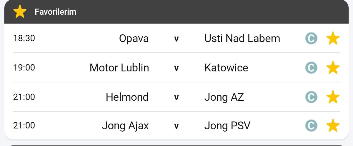 GÜNÜN 30,00 ORANLI KUPONU

10,000₺ > 300,000₺ TUTARSA BU GÖNDERİYE TÜM BUTONLARA BASAN 20 KİŞİYE 5,000 X 20 = 100,000₺

🇵🇱  Motor Lublin - Katowice 3,5 ÜST 💹 2,50
🇨🇿 Opava - Usti Nab Labern     MS X  💹 4,00
🇳🇱 Helmond - AZ Alkmaar    2,5 ÜST  💹 1,66
🇳🇱 Ajax II - PSV