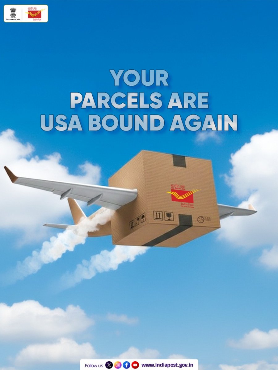IndiaPostOffice's tweet image. Your parcels are flying across the ocean once more! 🌍✈️
India Post has resumed Postal Services to USA – 15 Oct 2025.

Read More: pib.gov.in/PressReleasePa…

#IndiaPostToUSA #ExportThroughPost #PostalExports #USALaunch #MakeInIndia #EaseOfDoingBusiness #MSMEExports #GlobalIndia