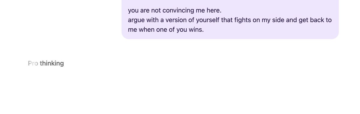 tokenbender's tweet image. tired of arguing with GPT5 pro, so i asked it to fight itself on my behalf.
you guys do not understand automation as well as i do.