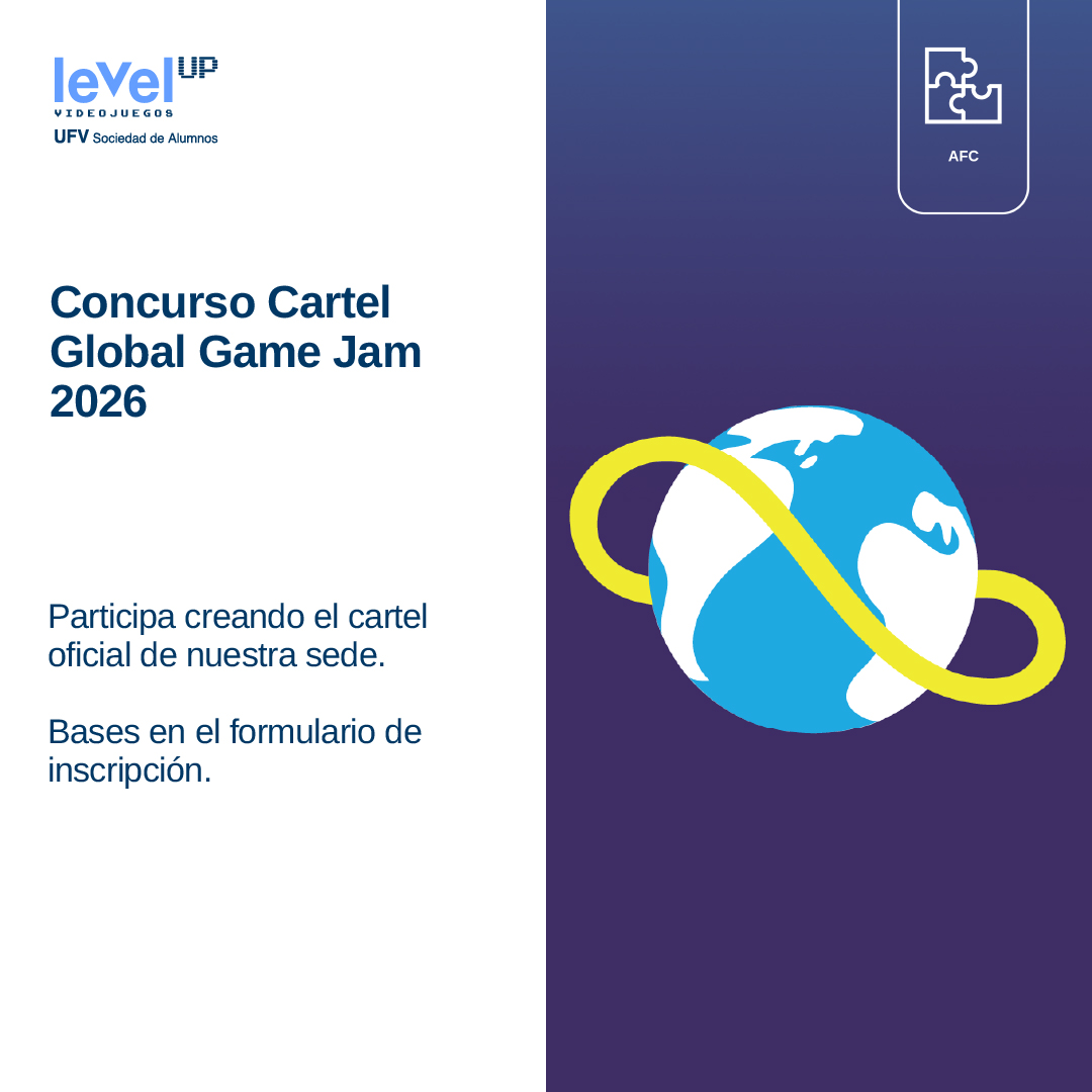 Concurso de carteles · GGJ 2026. 
A3 vertical, 300 ppp; 10% inf. libre. Incluye: “Grado en Creación y Narración de Videojuegos”, “Global Game Jam 2026” y “30 ene–1 feb”. ✨ Creatividad, experim. y colab. ⏰ Concept 31/10 23:59 · Final 30/11 23:59 · Publi 1/12. 1 ganador. Sin IA.