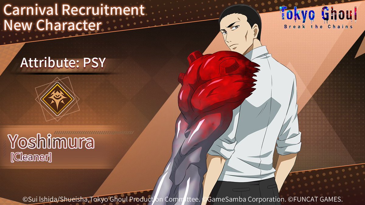 tgbreakthechain's tweet photo. #CarnivalCharacter Details
✨ Yoshimura [Cleaner]✨
>>Type: PSY
​
▼ How to Obtain
Available via Carnival Recruitment
​
#TokyoGhoulBTC #OfficialTokyoGhoulRPG #CarnivalEvent https://t.co/82N2cSSVcH