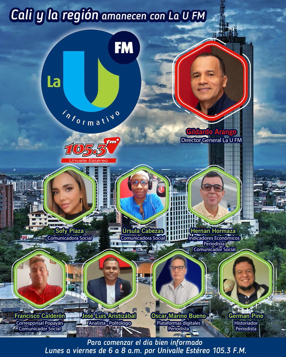 #BuenosDías 
#FelizViernesParaTodos 
¡INFORMATIVO LA U FM! la mejor información en  
Univalle Estéreo escúchanos en 105.3 FM y en la WEB clic aquí: uv-stereo.univalle.edu.co:8000/envivo.mp3
Lunes a viernes de 6 a 8 am. <a href="/raitello/">Raimundo Tello</a> <a href="/espartako1117/">jose luis</a> <a href="/Gildardo_Arango/">Gildardo Arango</a>  <a href="/EliuMuozSalaza1/">Eliu Muñoz Salazar</a> #LaUFMInforma