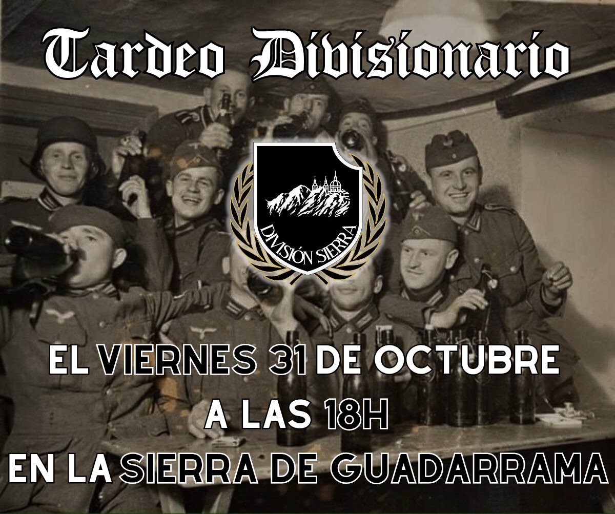 DivisionSierra's tweet photo. Invitamos a todo camarada tanto de la Sierra de Guadarrama como del resto de Madrid a acudir.
Solo se podrá acudir por contacto directo o conocidos cercanos.
Se pasará la ubicación exacta el mismo día por la mañana.
Dispondremos también de camisetas nuevas para venta. https://t.co/pPt67irvbw