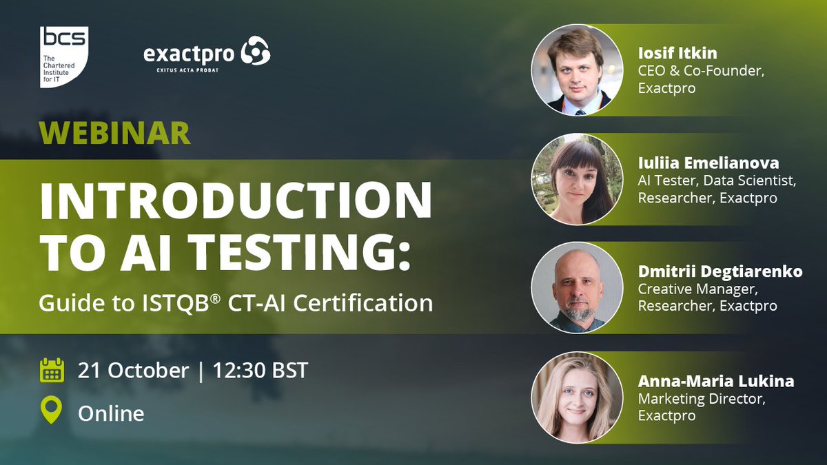 ⏳5 days to go! Join <a href="/exactpro/">Exactpro</a>'s <a href="/IosifItkin/">Iosif Itkin</a>, Dmitrii Degtiarenko, Iuliia Emelianova and Anna-Maria Lukina for the upcoming webinar taking place as part of the <a href="/bcs/">BCS, The Chartered Institute for IT</a> , The Chartered Institute for IT Author Webinar Series.
🎙️ Hear directly from the authors of ‘Introduction to AI