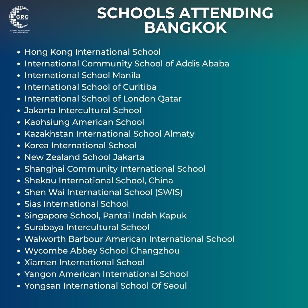 The countdown is on!
Join us at the GRC Bangkok Job Fair 2025, where opportunity meets connection.

Meet recruiters and leaders from 40+ top international schools and explore 200+ global vacancies, all in one place.

Swipe to see the list of attending schools →