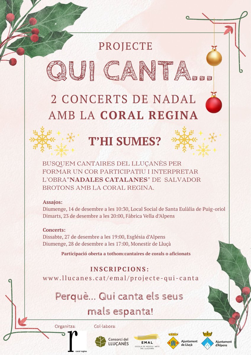 🎶 Aquest Nadal, la Coral Regina impulsa el Projecte “Qui canta...” al Lluçanès!

‼️ Es busquen cantaires per formar un cor participatiu i interpretar “Nadales Catalanes” de Salvador Brotons.

🎄 Concerts: 27 (Alpens) i 28 (Lluçà) de desembre

🔗 +info  
llucanes.cat/emal/projecte-…