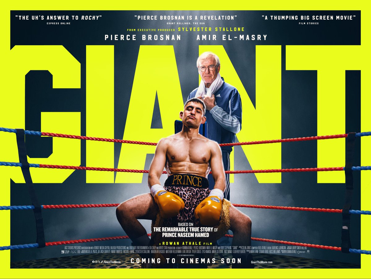 Check out the official poster for GIANT, the remarkable true story of legendary Prince Naseem "Naz" Hamed 🥊 Starring Pierce Brosnan and Amir El-Masry, from executive producer Sylvester Stallone. Only In Cinemas from January 9