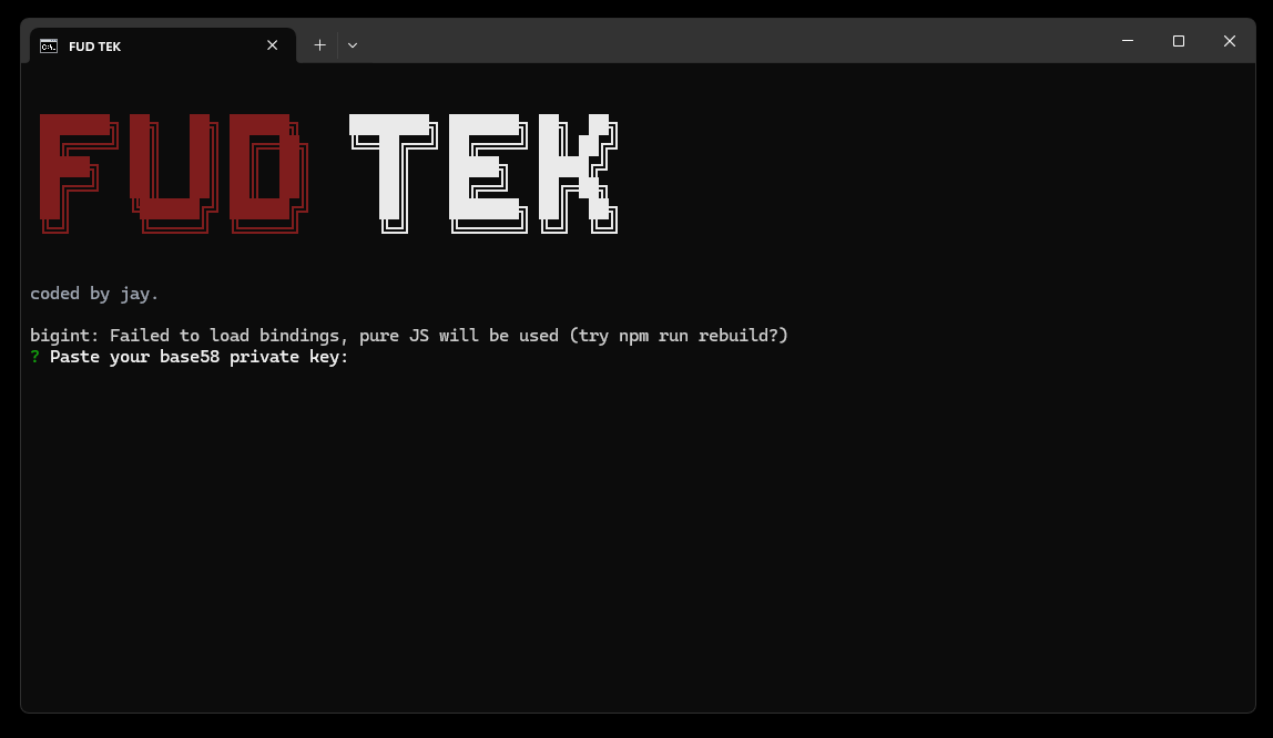 maybeitsjayy's tweet image. i invented this months ago lol

coded it myself, named it "fudtek"

surprisingly useful tbh, can fuck the bubblemaps/top holders of any coin

i rarely trench so only ever used it if a friend asked me to

ig it's been long enough that people started cloning my tool lol
