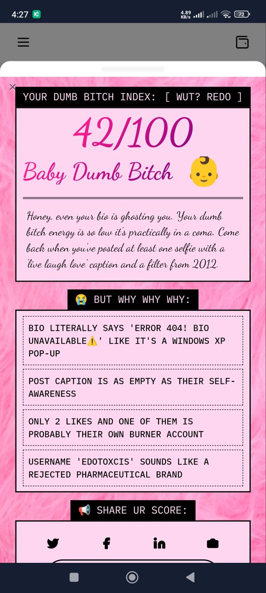 DurjoyD7's tweet photo. I'm 42% Dumb B*tch.
Checks out.
What's your DBI? https://t.co/fO0HXs9Jue #datarevolution https://t.co/oo3sjVm0U7