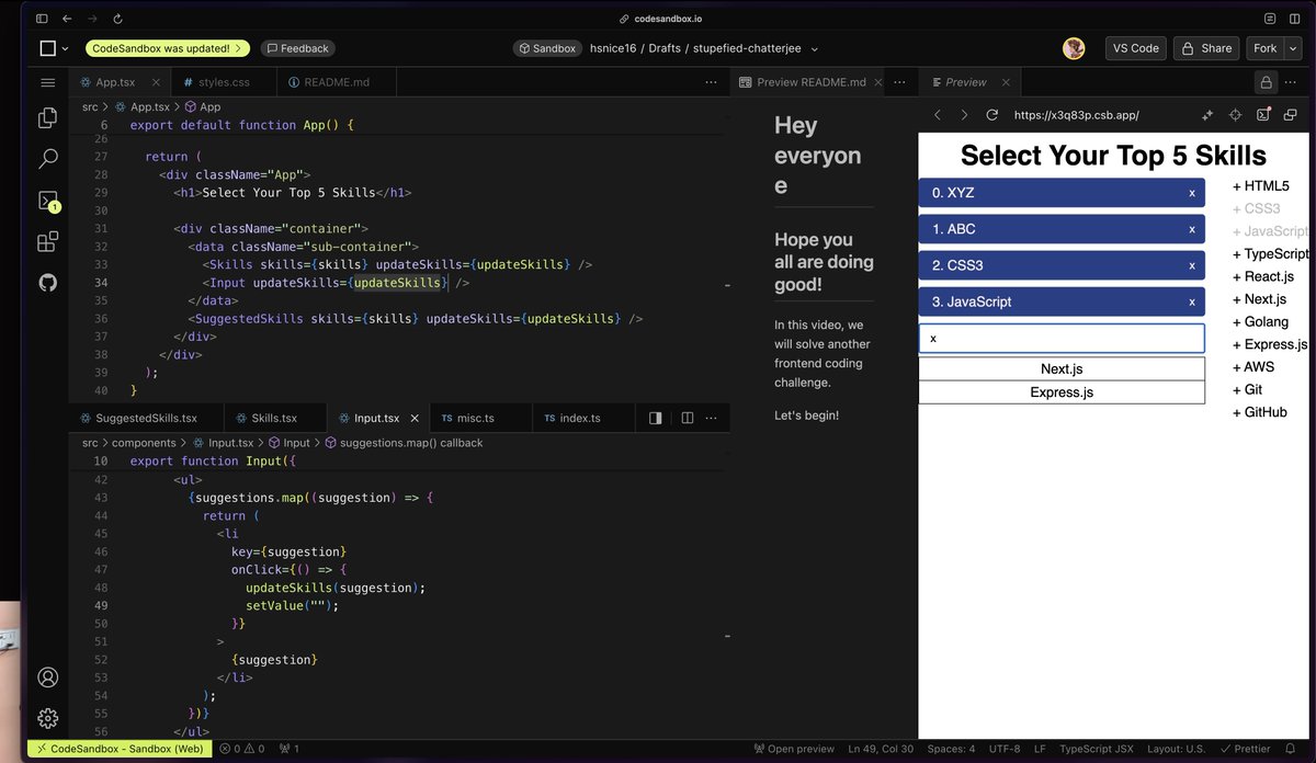 hsnice16's tweet image. Yesterday, I solved an interesting frontend coding problem. I was recording it. The problem was to implement a Sortable List Component. This was a hard problem. We solved it using ReactJS and TypeScript.