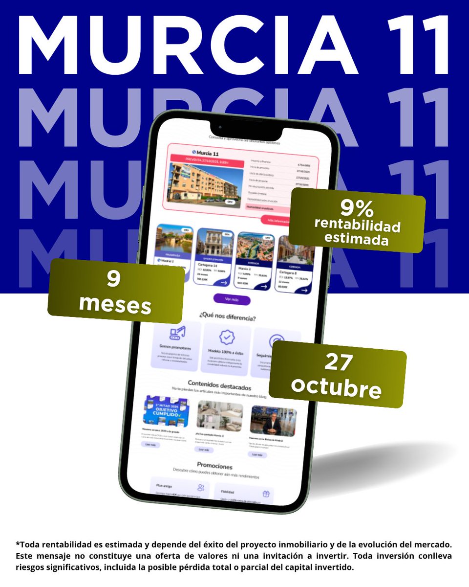 🏡 ¡Tenemos nueva oportunidad, Hauser@s! 🚀

Tras Lago di Garda 2 en Italia, ¡volvemos a España! 🇪🇸
Llega Murcia 11, la 4ª fase del Residencial Nueva Molina (Molina de Segura).

Estos son los datos:
📊 Tipo: CRV
⌛️ Duración: 9 meses
📈 Rentabilidad estimada (ROI): 9%
🏆 TIR: 12%
