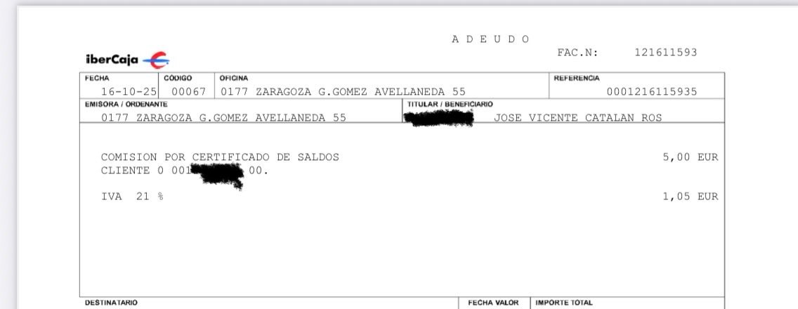 vicentecatalan's tweet photo. El abuso de @ibercaja no tiene límites. Necesitas un certificado de haberes…te lo haces online en tu casa…con tu ordenador, internet, luz y tiempo. Ellos se limitan a poner el cazo. 5€ + 21% IVA. Total: 6,05€. Sois uno de los lastres más grandes de la historia de #Aragón https://t.co/Kp0e6as05G