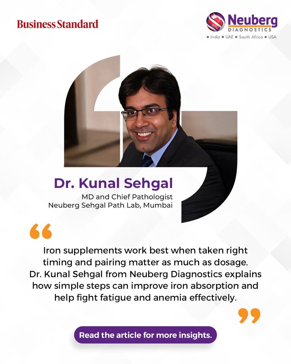 Neuberg_Diag's tweet photo. Constant fatigue or low focus could signal iron deficiency. Iron absorbs, best on an empty stomach or with lemon juice - not tea or milk.
Dr.Kunal Sehgal shares key insights in business standard.
🔗 https://t.co/I0VpNtwjn8
#NeubergDiagnostics #IronDeficiency #HealthAwareness https://t.co/ayt408CD1b
