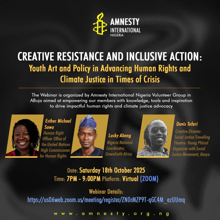⁦<a href="/DavisTafari01/">Lawyer Wa Mtaa ☭🇰🇪🇵🇸</a>⁩ 🇰🇪🇰🇪speaks on a ⁦<a href="/AmnestyNigeria/">Amnesty International Nigeria</a> 🇳🇬🇳🇬⁩ webinar 
Creative resistance and inclusive action: Youth, Human Rights and Climate Justice. Coming up tomorrow. 
Saturday11pm East Africa time