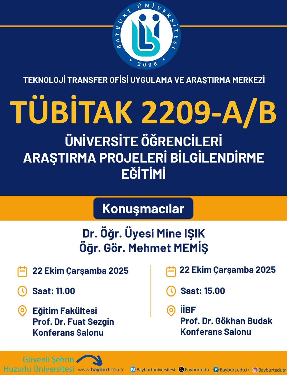 Teknoloji Transfer Ofisimizden öğrencilere özel "TÜBİTAK 2209-A/B Proje Bilgilendirme Eğitimi"! 

Dr. Öğr. Üyesi Mine IŞIK ve Öğr. Gör. Mehmet MEMİŞ'in sunumuyla proje dünyasına adım atın.

 22 Ekim Çarşamba 
11.00 | Eğitim Fakültesi
15.00 | İİBF
#BayburtÜniversitesi #TÜBİTAK