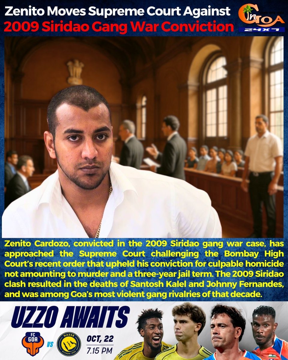 InGoa24x7's tweet image. Zenito Cardozo, convicted in the 2009 Siridao gang war case, has approached the Supreme Court challenging the Bombay High Court’s recent order that upheld his conviction for culpable homicide not amounting to murder and a three-year jail term. 

#Goa #Goanews #ZenitoCardozo