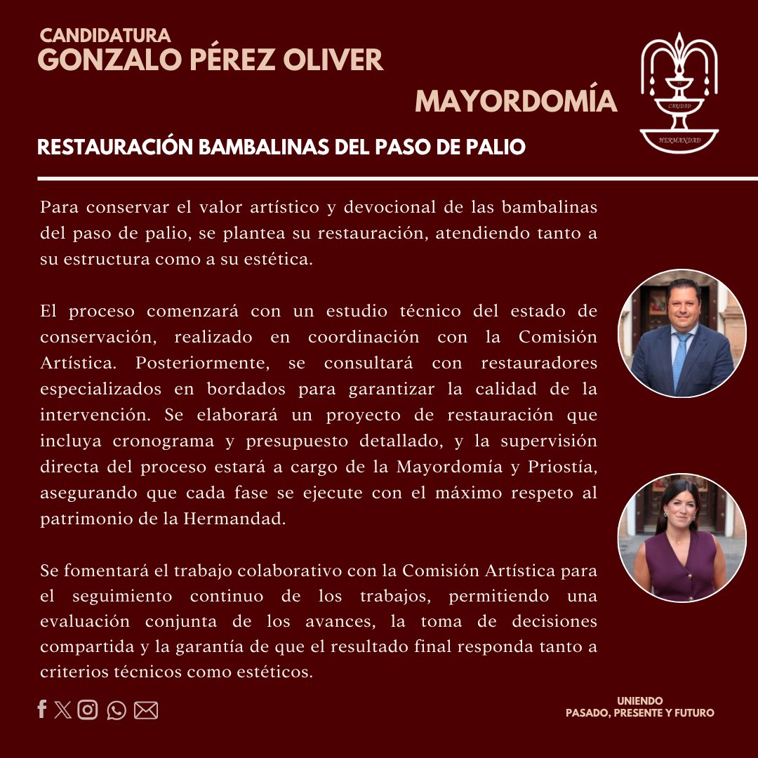 PROYECTO | 🔈Presentamos el proyecto de Mayordomía.

Su propuesta se enfoca en el incremento del presupuesto destinado a Caridad, la búsqueda de bienes inmuebles, la ejecución de nuevas tandas de candelería para el Paso de Palio, entre otros.

#CandidaturaGonzaloPerezOliver