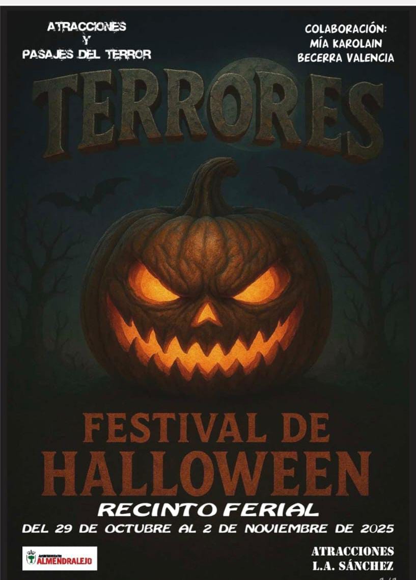 Festival de Halloween 💀
📅Del 29 de octubre al 2 de noviembre 
📍Recinto ferial de Almendralejo 
¡No te puedes perder las atracciones que tenemos preparadas para que pases un buen rato en familia en estos días de muuucho miedo!
😈¡Atrévete!