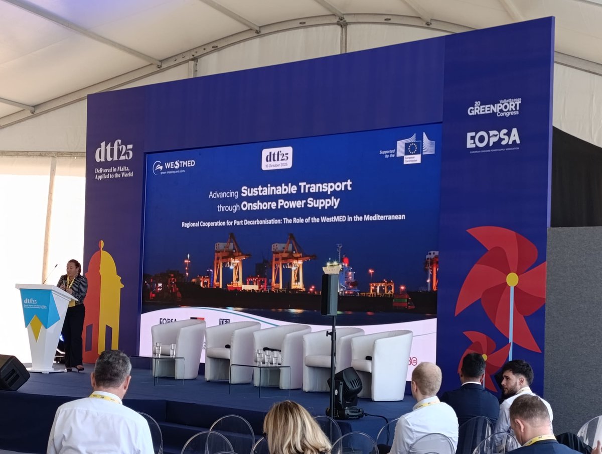 WestMedStrat's tweet photo. ⚡️Happening now! Stephanie Vella (#WestMEDMalta) on the main stage at #DTF25.
She speaks about the #MediterraneanPact that has just been launched, its relevance for regional cooperation on Port Decarbonisation and the supporting role of WestMED through its Technical Group on #GreenShipping.
