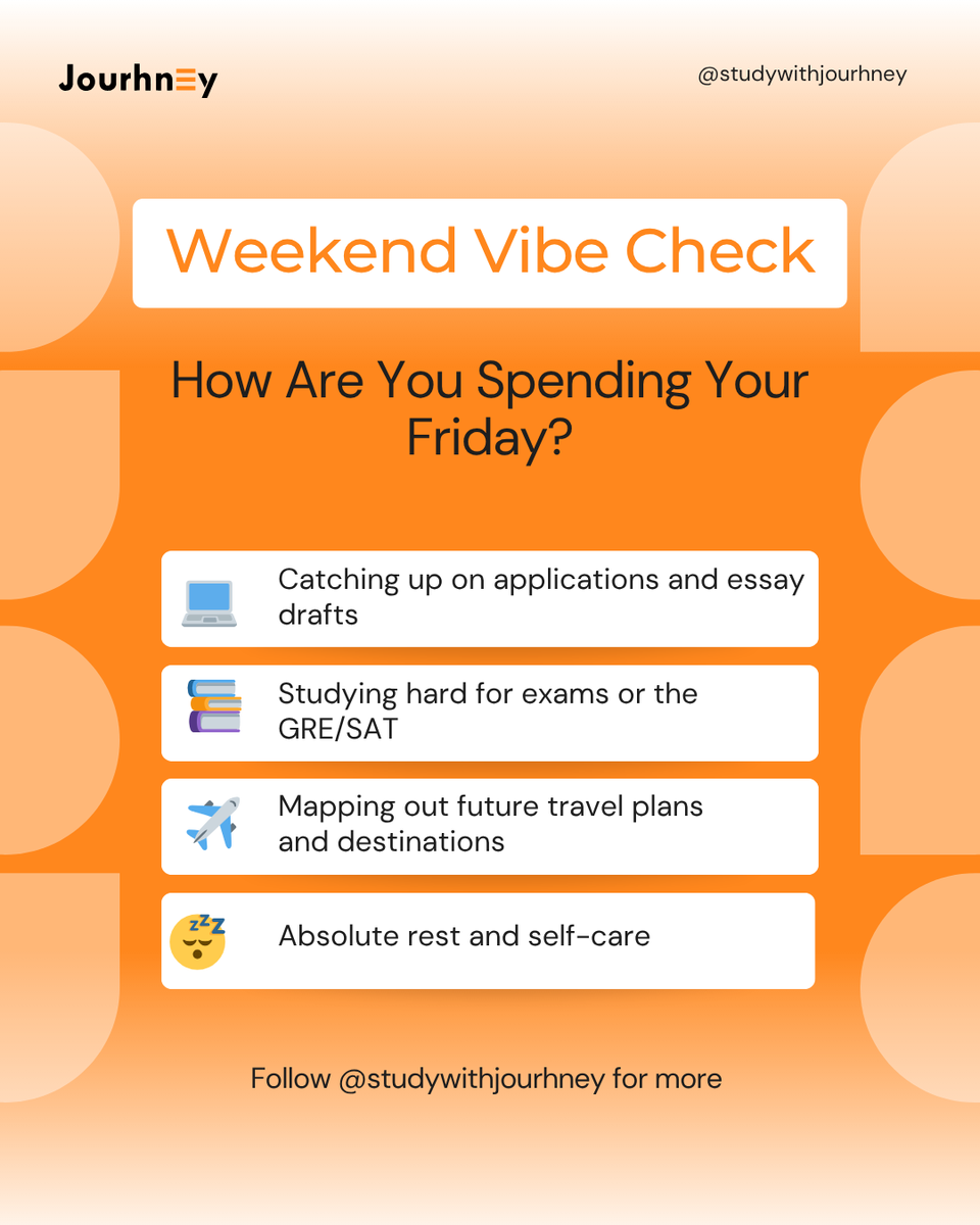 paywithjourhney's tweet photo. It's Friday! Time to recharge and fuel up for next week's goals. Which emoji matches your study abroad weekend vibe? 
Tell us your emoji below! 👇
#FridayVibes #StudyAbroadLife #WeekendGoals #Jourhney #Students #StudentLife #InternationalStudent https://t.co/v8XHbkEobP