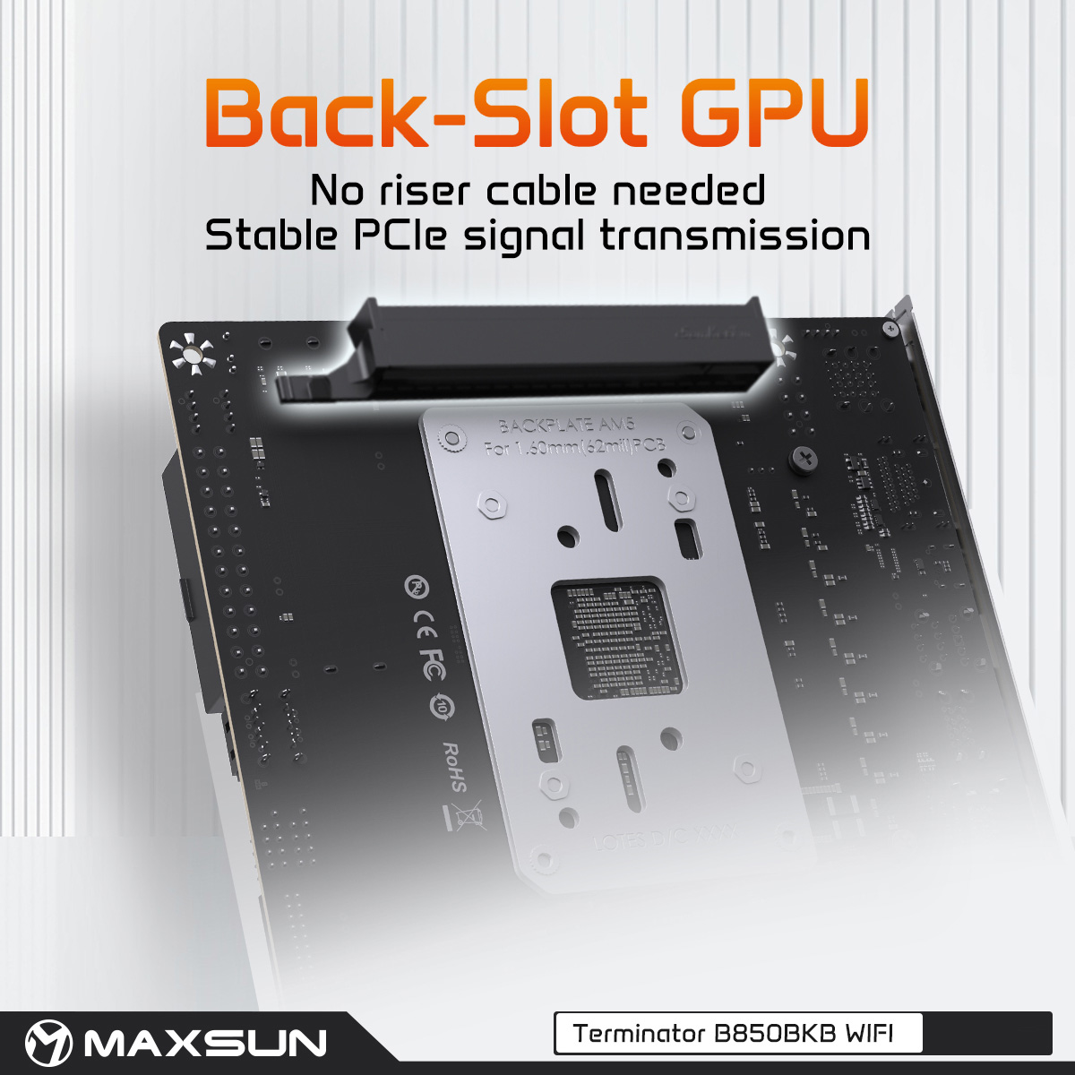 Tired of unstable signals caused by PCIe extension cables when trying to mount your GPU vertically? 
#Maxsun Terminator B850 BKB with Back-Slot GPU Design is here! ⚡
Featuring a PCIe 5.0 x16 slot directly mounted on the back of the motherboard, no more extension cables needed!