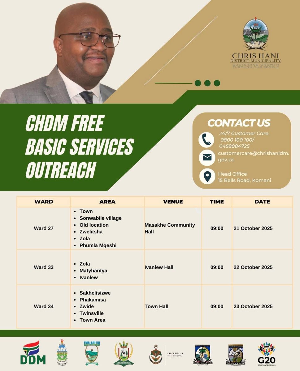 📌CHDM Free Basic Services Outreach Program continues on 21 - 23 October 2025 targeting the following wards: 27, 33 and 34 of Enoch Mgijima Local Municipality📸 

👀See areas in the poster belo

Enoch Mgijima Local Municipality, SASSA, and SAPS will be on-site. 
#CHDMAtWork