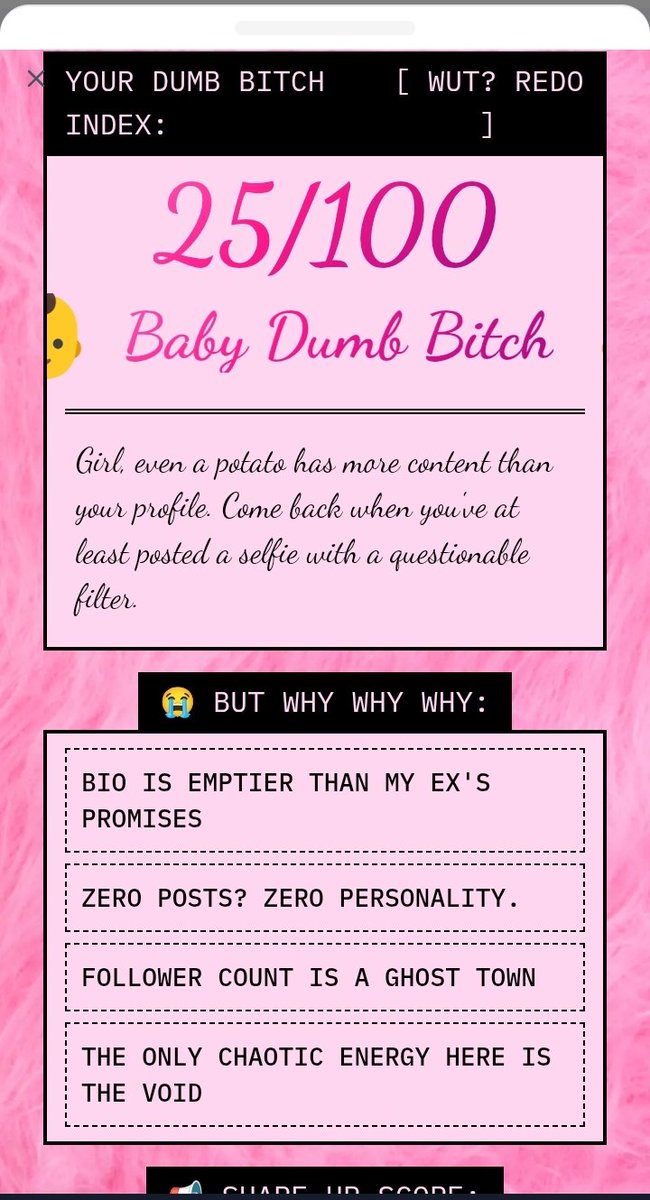 I'm 25% Dumb B*tch.
Checks out.
What's your DBI? app.vana.com #datarevolution
<a href="/vana/">vana</a>