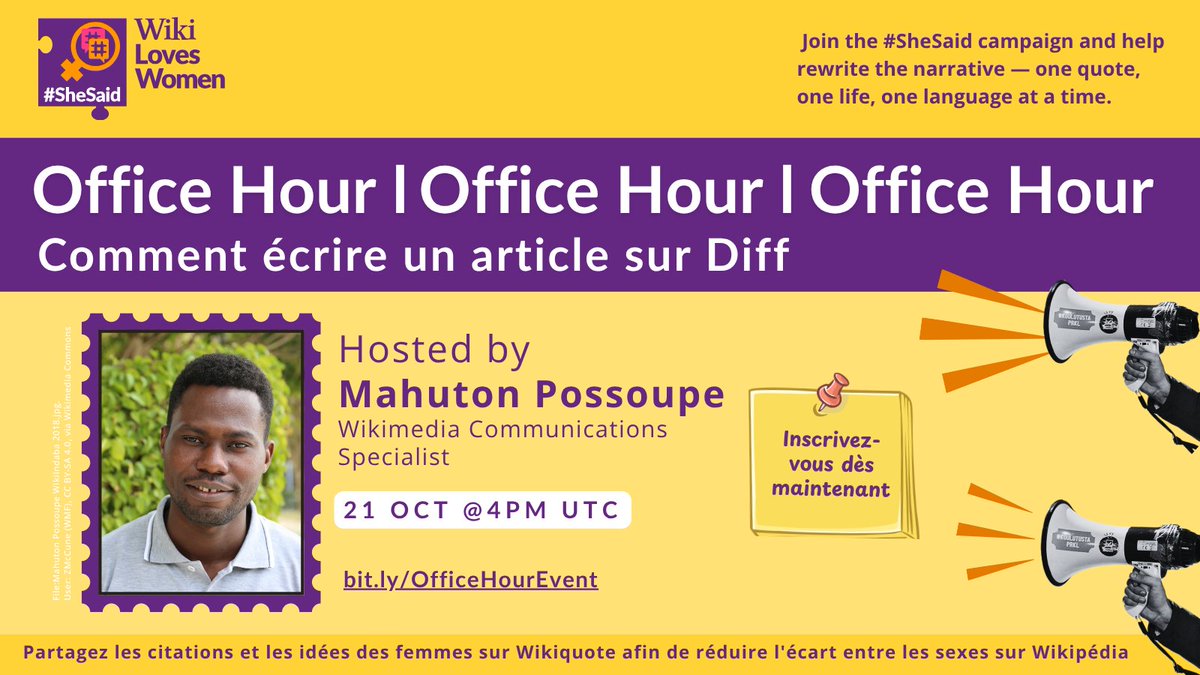 💬 Envie de documenter votre événement #SheSaid sur Wikimedia ?
Rejoignez Mahuton Possoupe pour une session pratique : conseils, questions &amp; collaboration pour combler le fossé des connaissances 🌍✨

🎉 Célébrons la voix des femmes !
👉 bit.ly/OfficeHourEvent

#Wikimedia