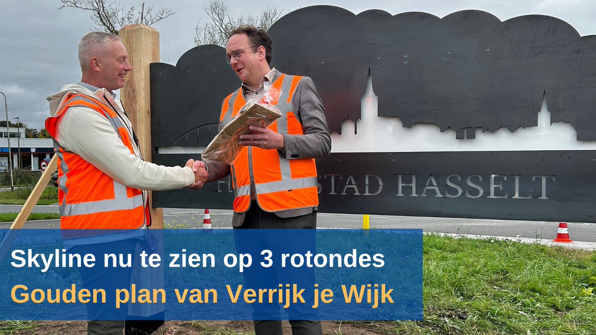 Tijdens de 1e ronde van Verrijk je Wijk won Freddy Drost een leefbaarheidscheque met zijn plan om een bord met skyline van Hasselt op rotondes te plaatsen. Deze week was het zover. Wethouder Slingerland bedankte Freddy voor zijn inzet. Ook een gouden plan? bit.ly/434dilp