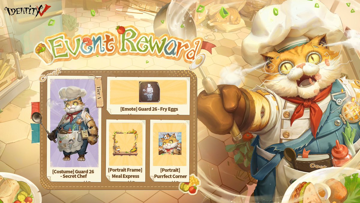 Dear Visitors,
Free Lunch Program Charity Event will be available from November 13, with Guard 26, who becomes the cryptic Chef!
Complete event tasks to claim this A Costume, Portrait, and more.
Donation details are coming soon on official channels.
#IdentityV #Charity