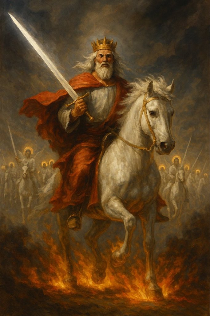 warDaniel47's tweet image. The Rider on the White Horse
I SAW HEAVEN OPENED.
AND BEHOLD—A WHITE HORSE.
HE WHO SAT UPON IT WAS CALLED FAITHFUL AND TRUE.
HIS EYES WERE LIKE FLAMES OF FIRE.
ON HIS HEAD WERE MANY CROWNS.
HIS ROBE WAS DIPPED IN BLOOD.
AND HIS NAME IS CALLED:
THE WORD OF GOD.
THE ARMIES OF…