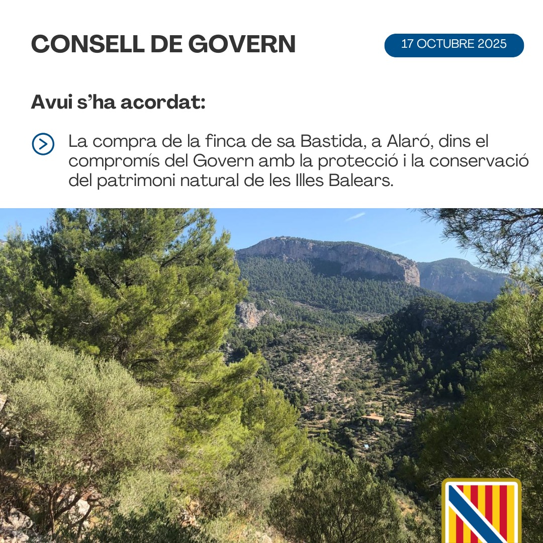 El Govern comprarà la finca de sa Bastida, al terme municipal d’Alaró, dins el compromís amb la protecció i la conservació del patrimoni natural de les Illes​.

➡ Tota la informació i tots els acords: tn.caib.es/CGNotes17-10-25
