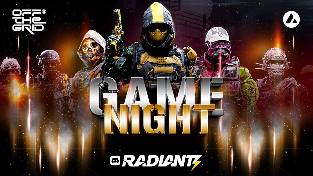 Friday Game Night with <a href="/_RadiantZ/">RadiantZ</a> ⚡
Gear up to showcase your skills in <a href="/playoffthegrid/">Off The Grid</a>, an action-packed Battle Royale FPS! 
Sharpen your aim, reflexes, and teamwork… it’s showtime! 💪

✨ Sponsored by: <a href="/GamingOnAvax/">Avalanche Gaming 🔺</a>
📌 Organized by: <a href="/AndreNagashi/">! NagashiX</a>
🏆 Prize Pool: 10 $AVAX 🔺
🎟️