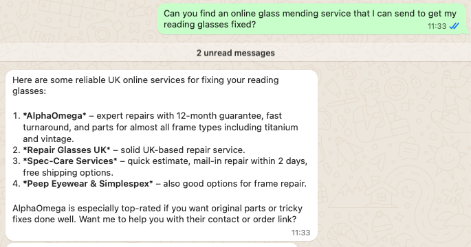 OMG people! Perplexity on WhatsApp is incredible. Yup, I’m just talking to it on WhatsApp, asking it to find me things and it’s responding like a VA. Because it looks at live content and you can ask anything plus edit images for free! 👇 It’s utterly game changing!!!