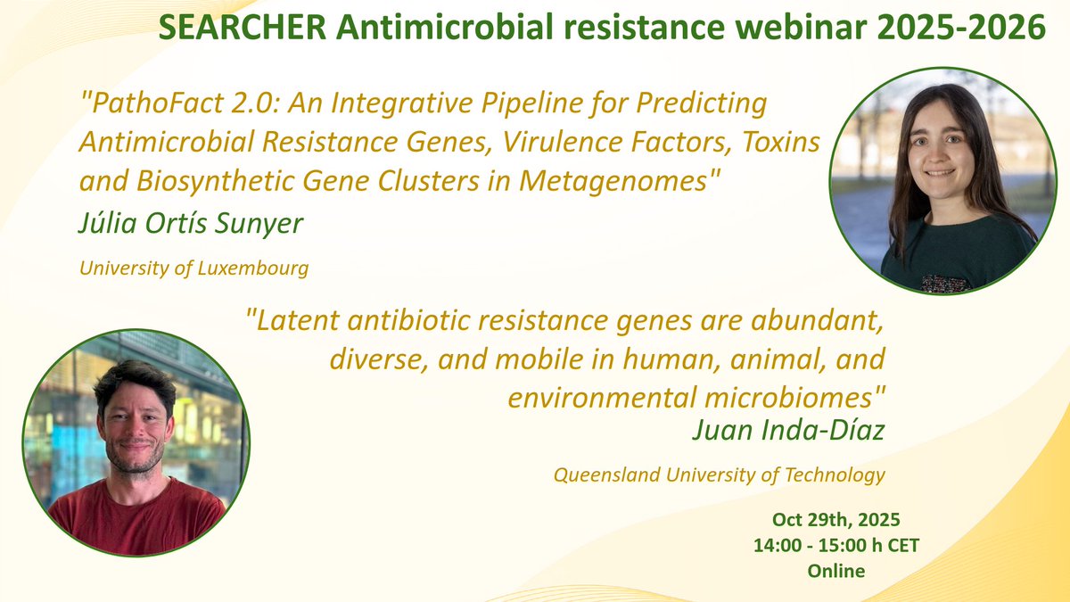 The SEARCHER AMR Seminar Series is back!

On October 29th, at 2:00 pm CET (GMT +1), we will be discussing antimicrobial prediction together with Júlia Ortís Sunyer and Juan Inda-Díaz 

Registration: chalmers.zoom.us/webinar/regist…